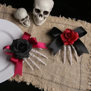 Eerie Halloween Hair Clips with Skeleton Hands and Gothic Bow