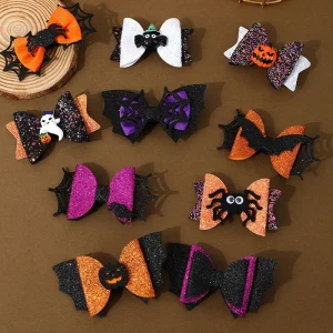Haunted Halloween Hair Clips - Glittery Bow with Web and Spider Details