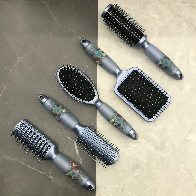 Floral Design 5-Piece Silicone Handle Hair Brush Set