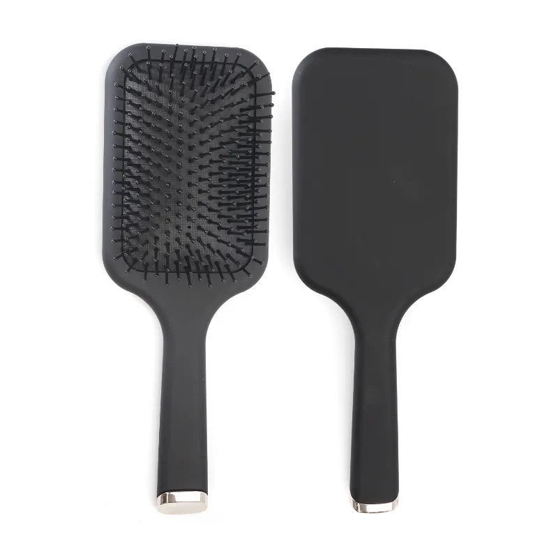 Matte Black Rubberized Detangling Paddle Hair Brush with Custom Metal Base