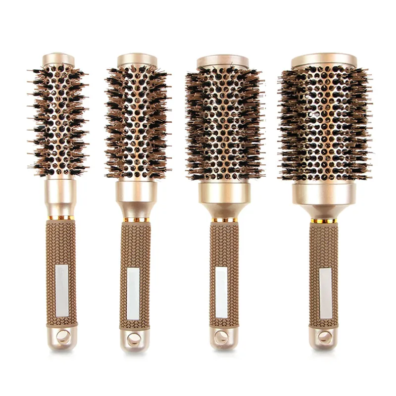 4-Size Gold Round Detangling Brush Set with Heat-Resistant Nylon Bristles and Textured Silicon Handle