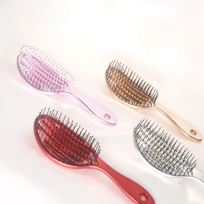 Electroplated Detangling Hair Brushes in Vibrant Colors with Curved Cutout Design