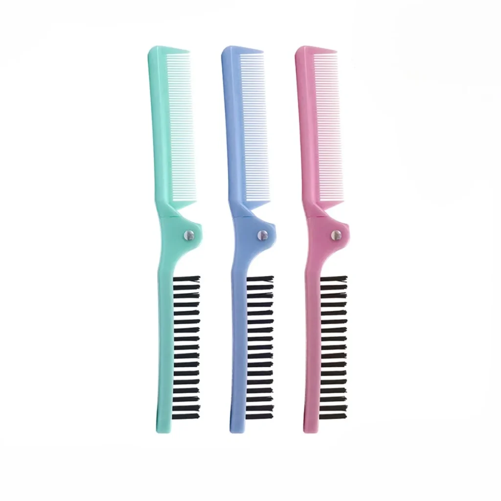 Folding 2-in-1 Hair Comb and Brush Set in Cyan, Blue, and Pink