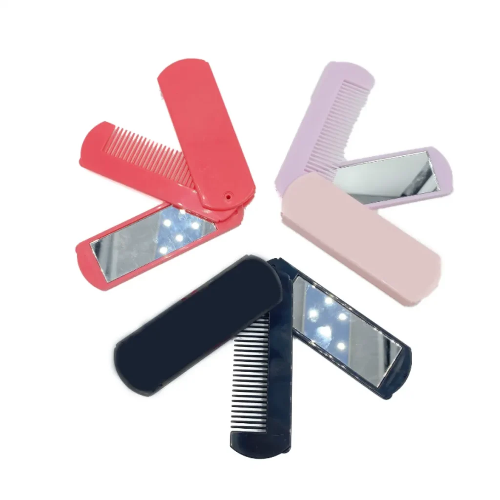 Folding Hair Comb with Mirror in Red, Pink, and Gray