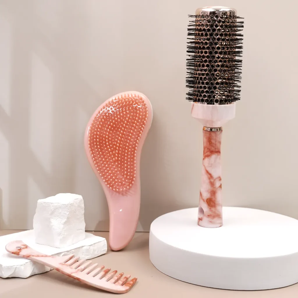 Pink Marble Pattern Detangling and Round Brush Set with Flat and Vented Barrel