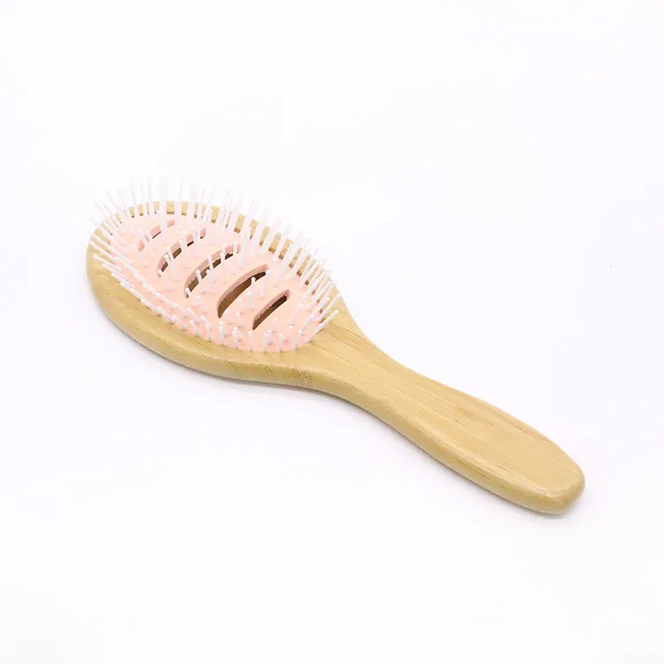 Wooden Ventilated Paddle Hair Brush with Pink Cushion and Cutout Design