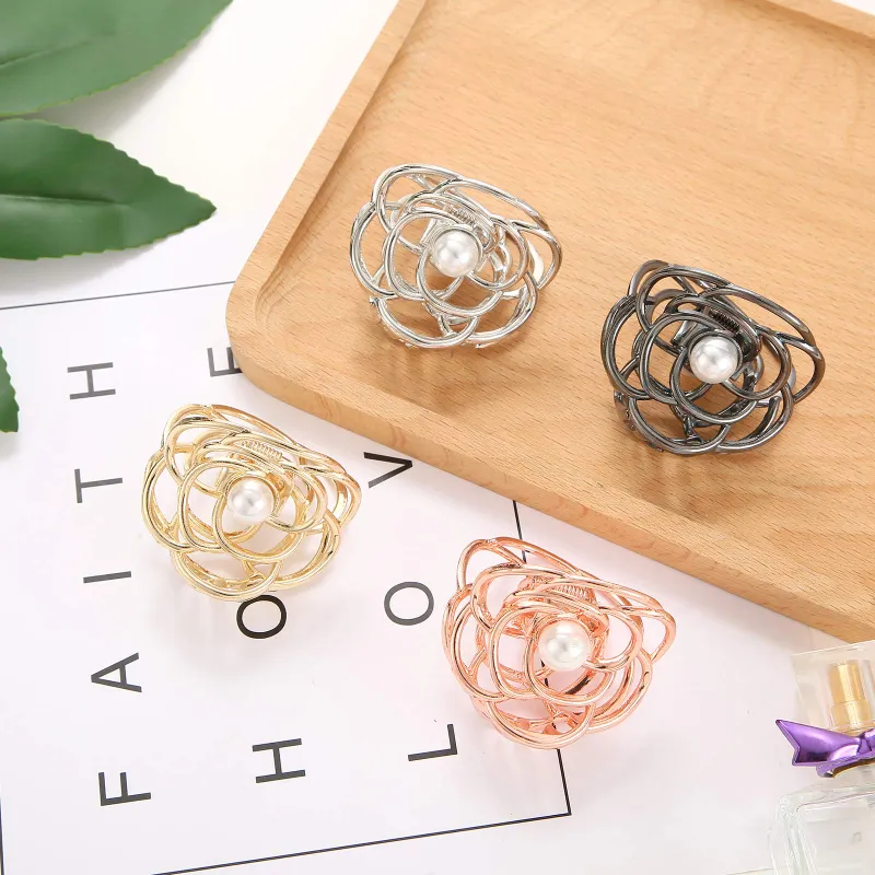 Minimalist Rose Flower Hair Claw with Pearl Metal Frame