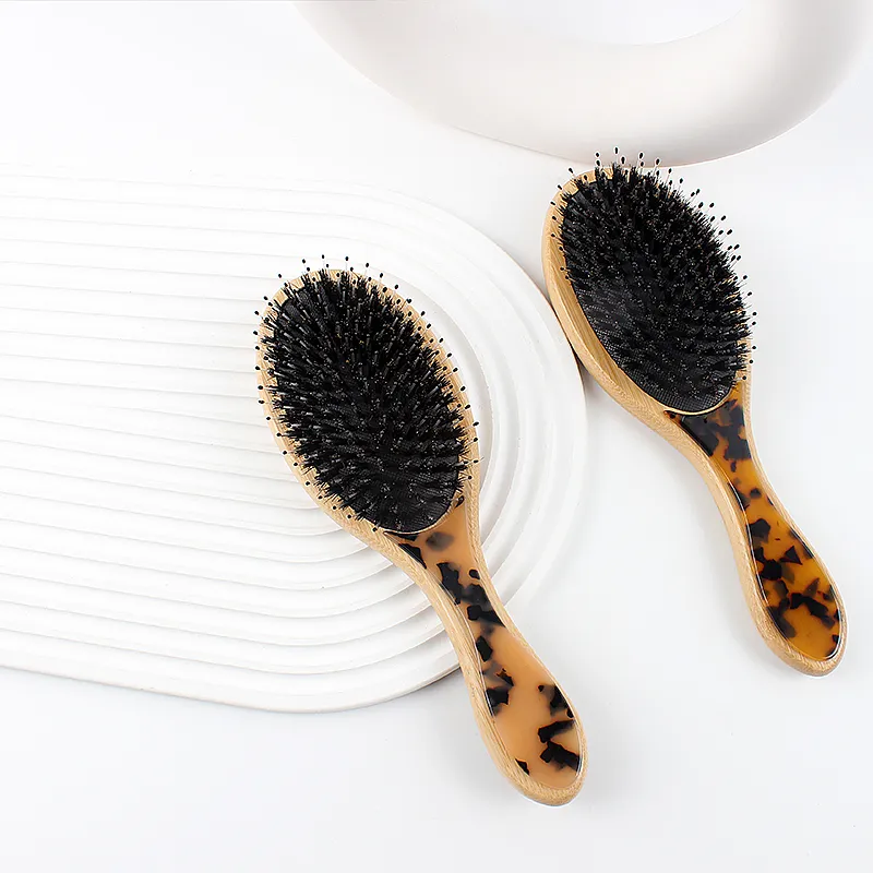Wooden Acetate-Trimmed Oval Mixed Bristle Hair Brush