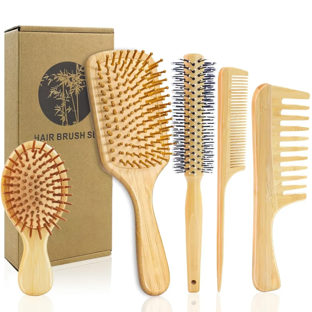 Bamboo Hair Brush Set with Paddle, Round, Travel, and Comb