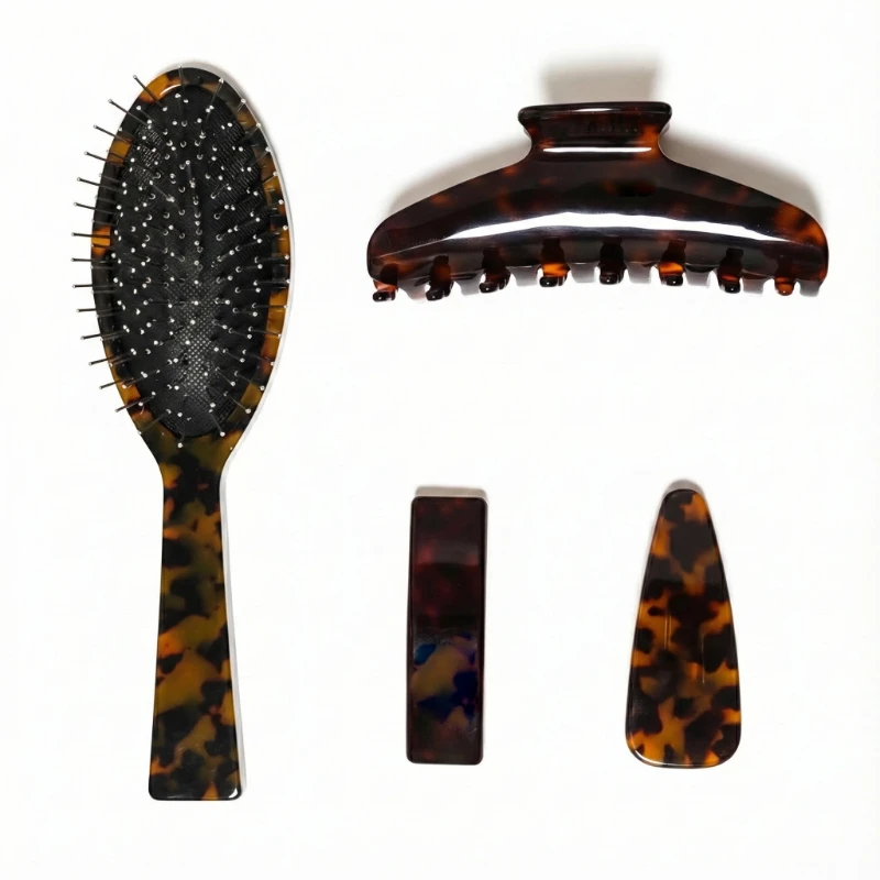 Custom Acetate Tortoiseshell Hair Care Set – Brush & Clips