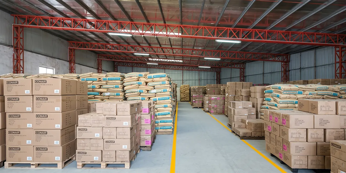 Bulk hair clip production packaging area in a Chinese factory with finished clips being sorted and packed for export shipment