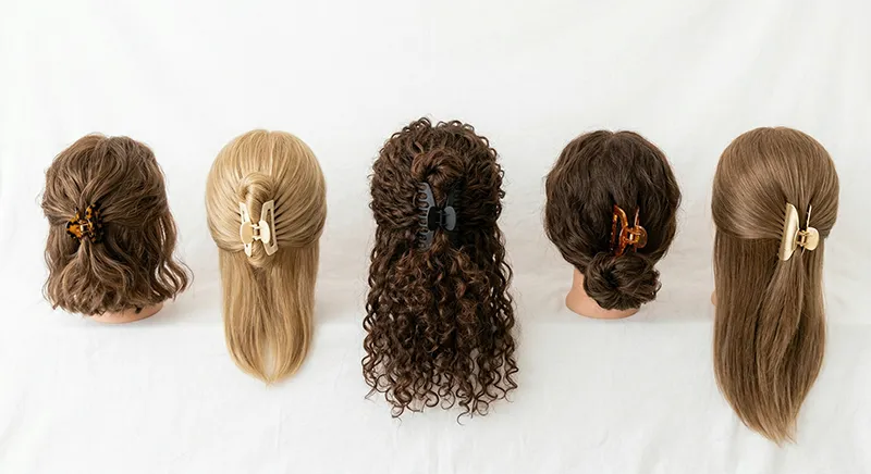 Claw clip hairstyles showing five different styles on mannequin heads with varying hair textures