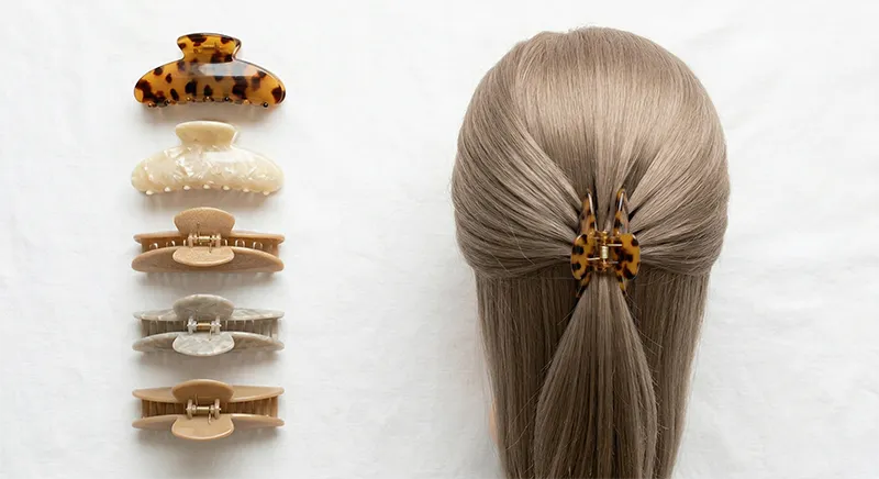 Small and medium claw clips arranged beside fine straight hair styling examples