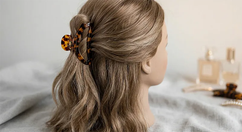 Medium claw clip securing a half-up hairstyle on wavy medium-length hair