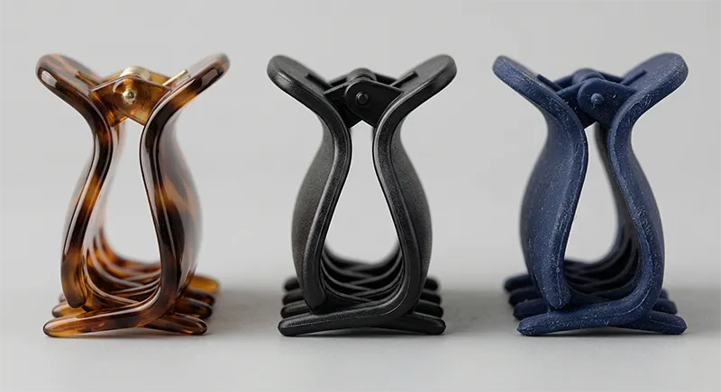 Side by side comparison of acetate, ABS plastic and nylon claw clips showing surface finish and material differences