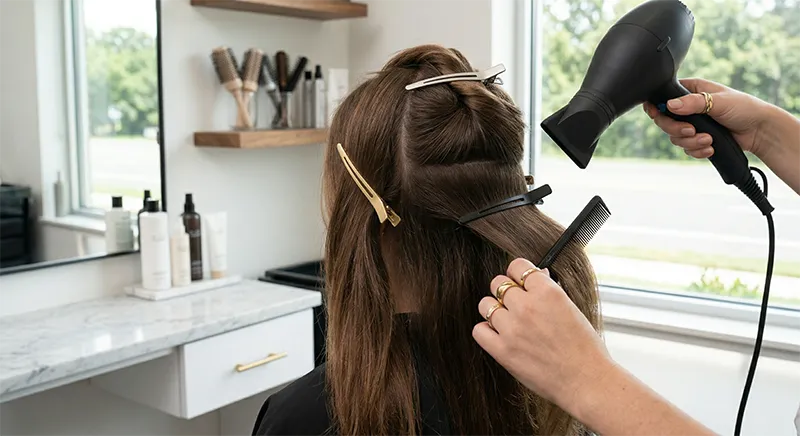 Claw clips used to section hair in a professional salon styling environment with clean modern interior