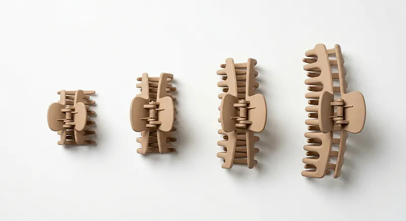 Four claw clips in mini, medium, large and oversized sizes arranged in ascending order on a white surface