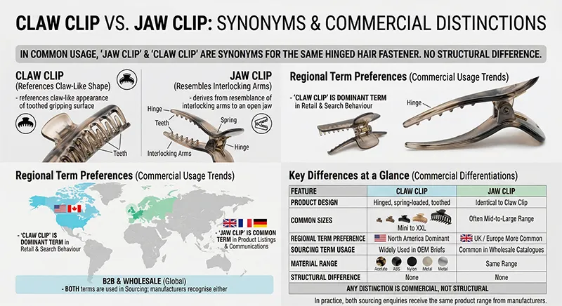 Infographic comparing Claw Clips and Jaw Clips, showing regional naming preferences in North America and Europe, and a feature comparison table