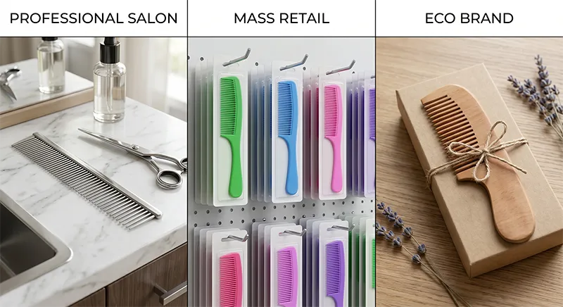 Three comb use case scenarios labelled salon, retail, and eco brand