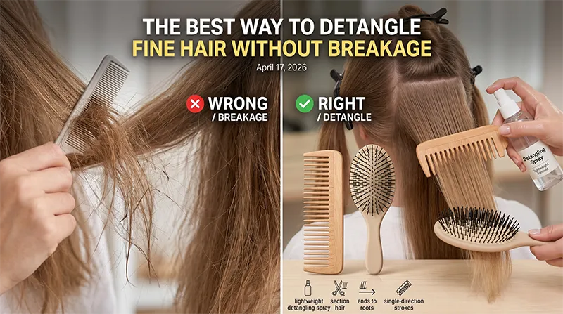 Wide-tooth comb and flexible-pin detangling brush on a neutral surface, tools for detangling fine hair without breakage