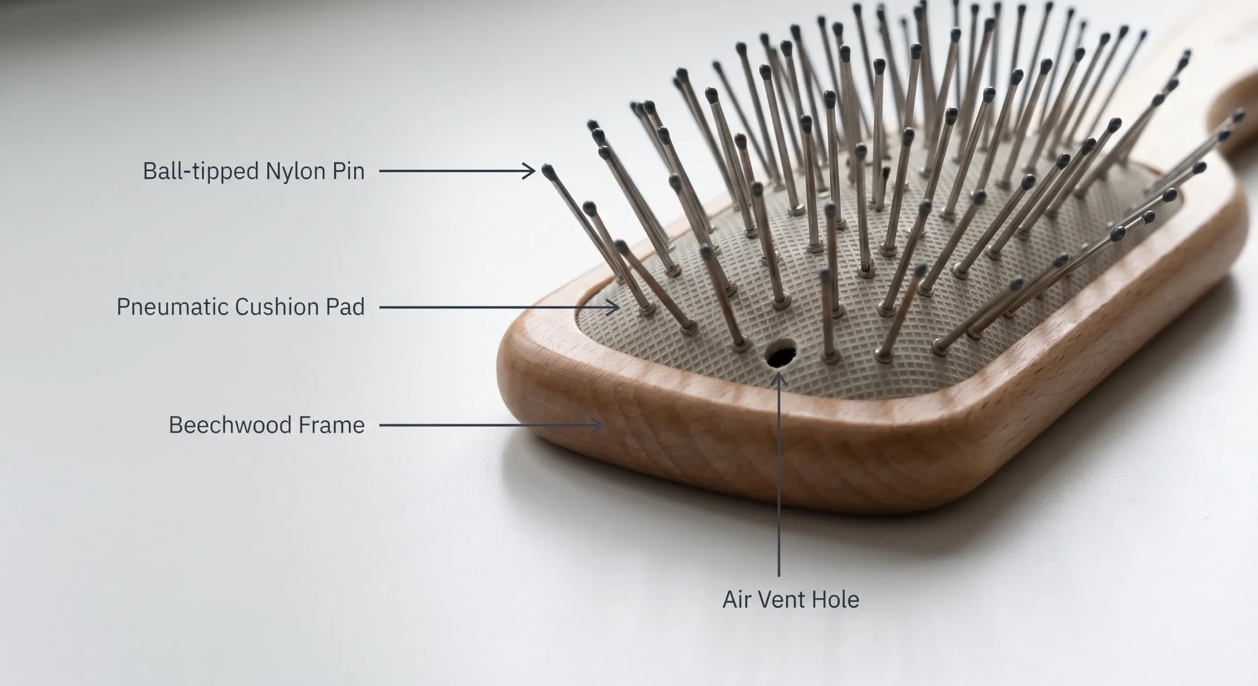 Annotated close-up of hair brush bristle types showing boar bristle, nylon pin and cushion pad structure with labelled components