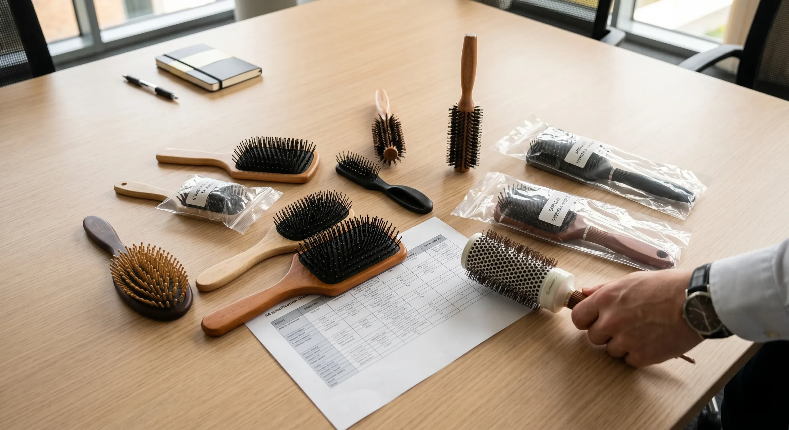 OEM hair brush samples laid out on a meeting table during a sourcing review session with specification sheets visible