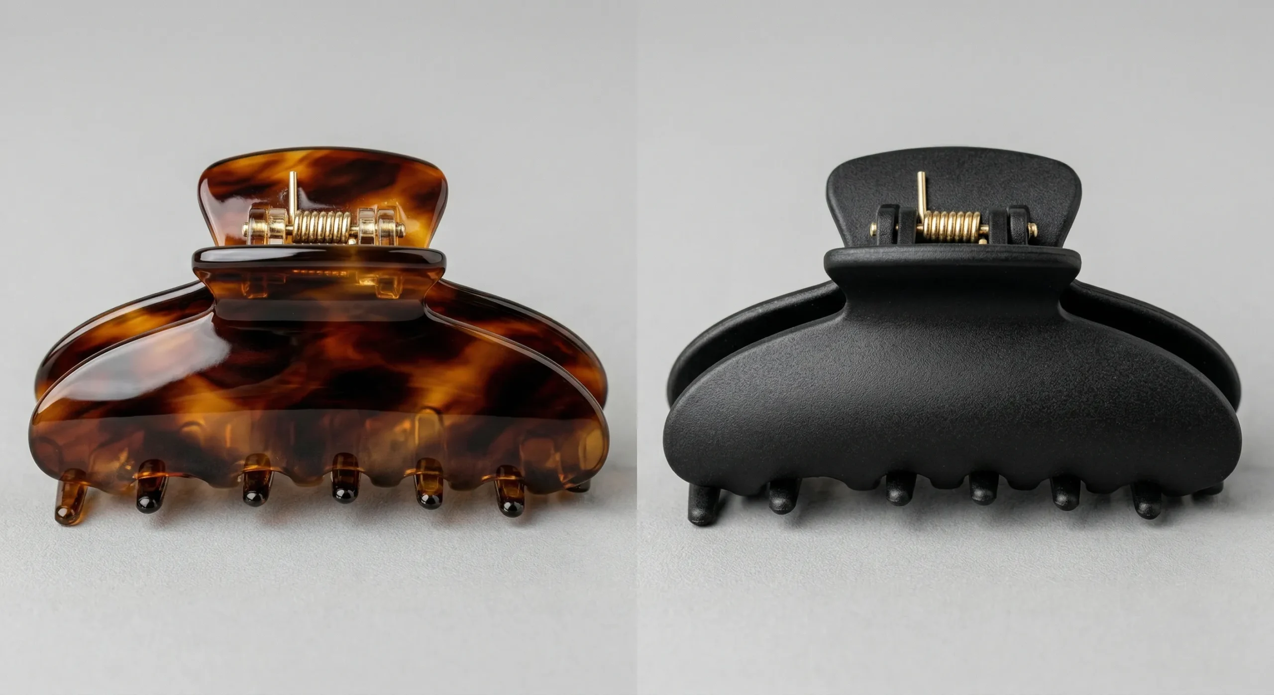 Side by side comparison of cellulose acetate and ABS plastic hair clips showing surface texture and finish differences