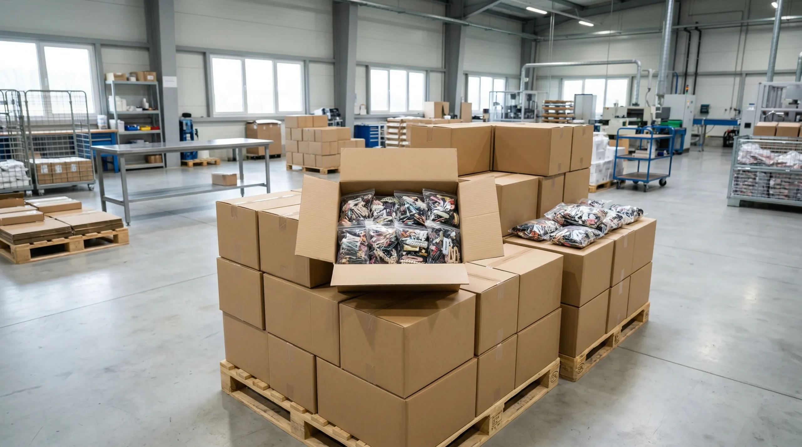 OEM hair clip production line at a China manufacturing facility showing organised bulk production of hair accessories
