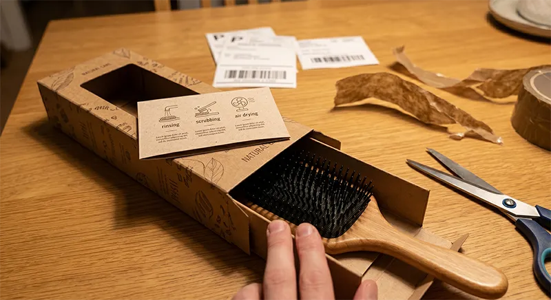 Hair brush retail packaging with printed care instruction card showing cleaning steps for end consumers