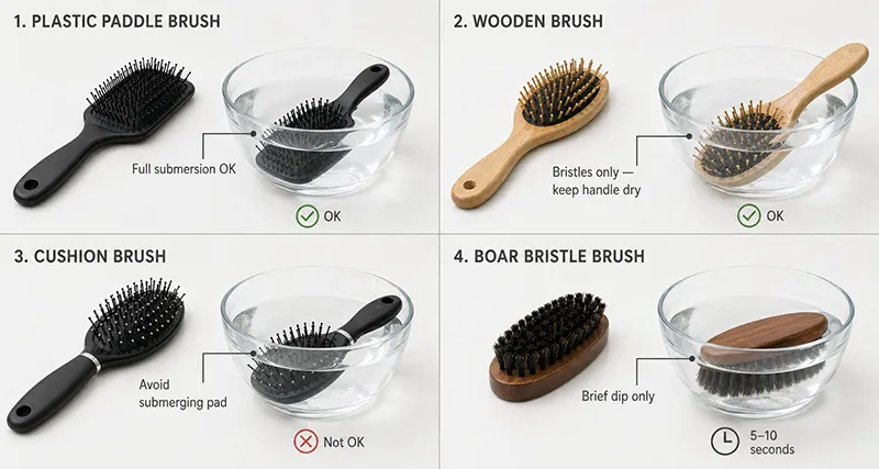 Annotated comparison showing different cleaning approaches for plastic, wooden, cushion, and boar bristle hair brushes