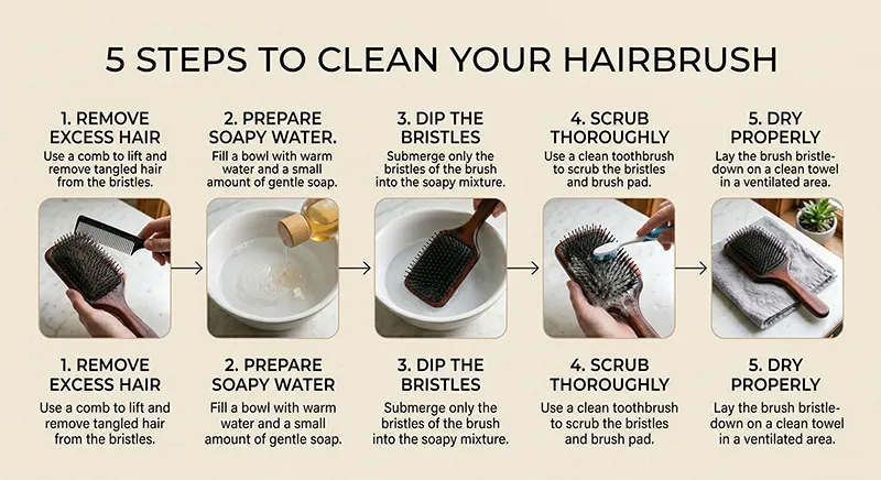 Annotated step-by-step diagram showing the five stages of cleaning a hair brush from hair removal to drying