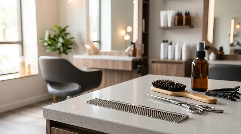 Stainless steel comb in a professional salon setting used for sectioning and parting hair