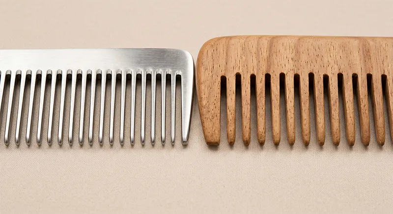 Side by side comparison of metal comb and wooden comb tooth surfaces under close-up lighting
