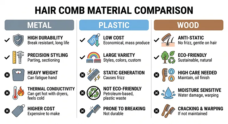 Infographic comparing pros and cons of metal, plastic, and wooden combs