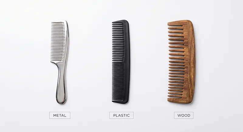Metal comb, plastic comb, and wooden comb placed side by side with material labels