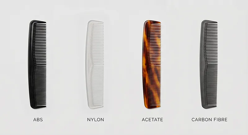 Four types of plastic combs labelled ABS, nylon, acetate, and carbon fibre on neutral background