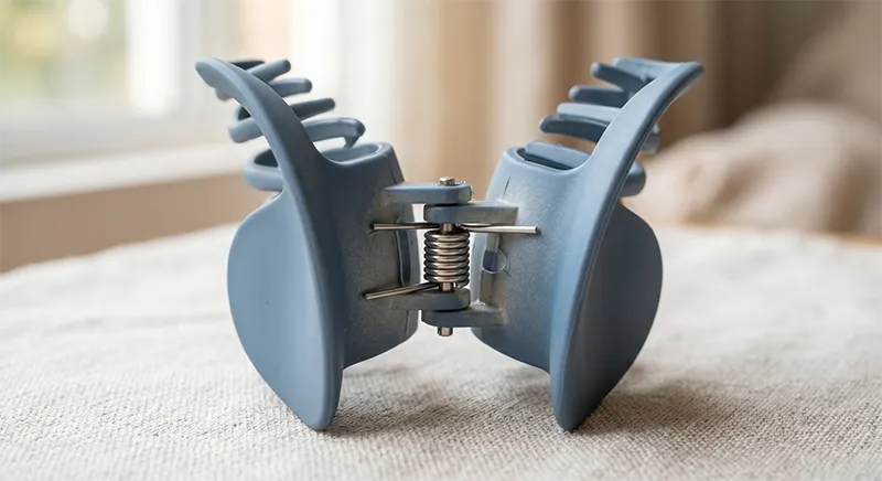 Close-up of a jaw clip spring mechanism showing the steel coil and hinge construction that determines holding strength