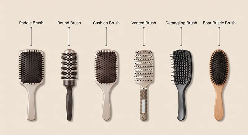 Annotated diagram showing six common types of hair brushes with labels identifying paddle, round, cushion, vented, detangling and boar bristle brushes