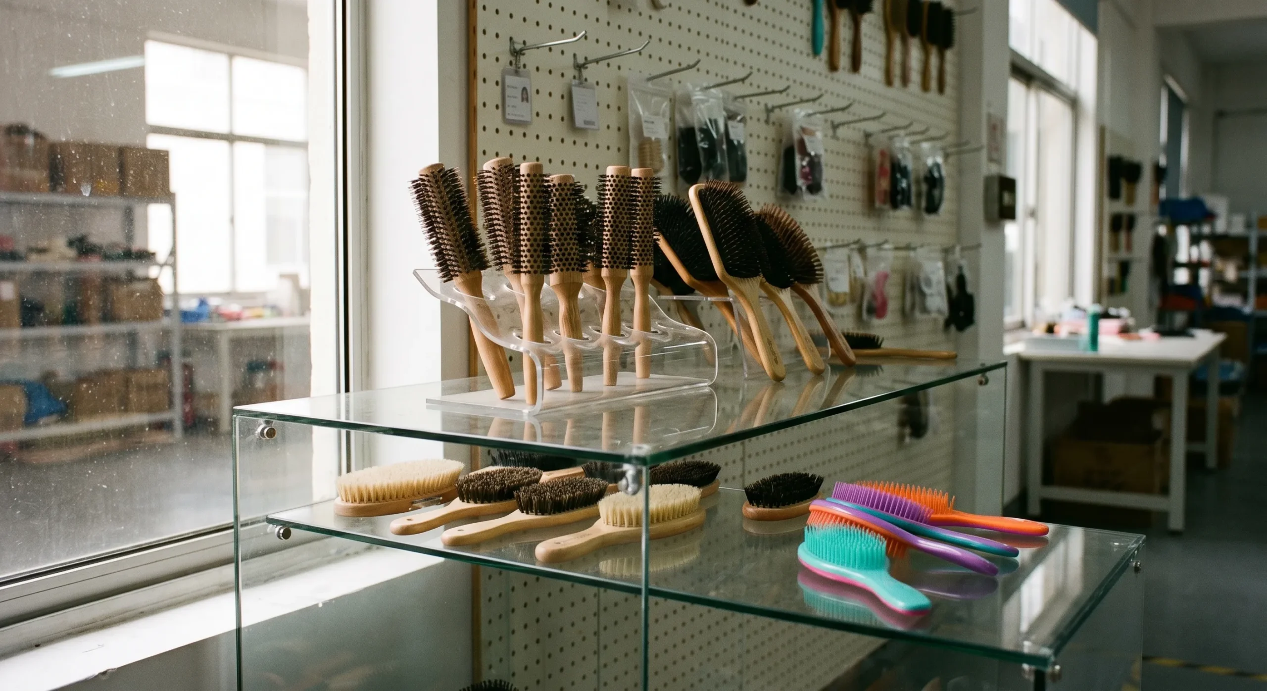 Hair brush product samples arranged on a factory showroom glass shelf including round, paddle and cushion styles