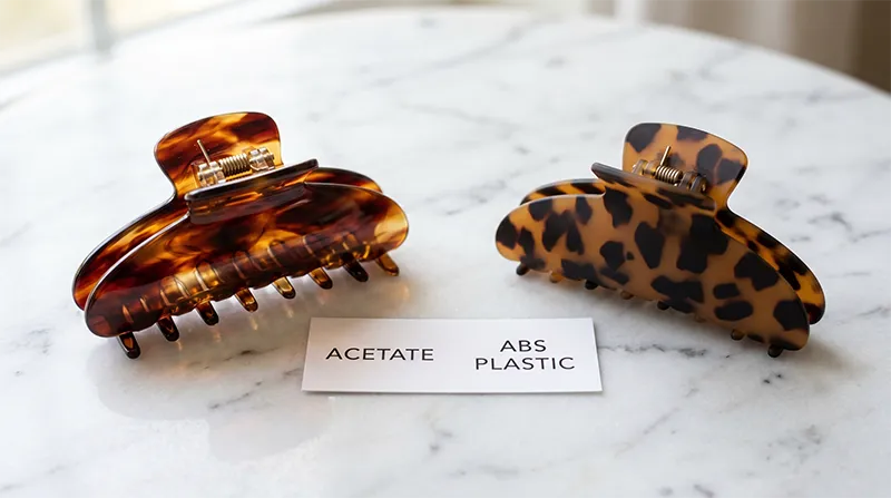 Side-by-side comparison of acetate and standard plastic hair clips showing color depth and finish differences