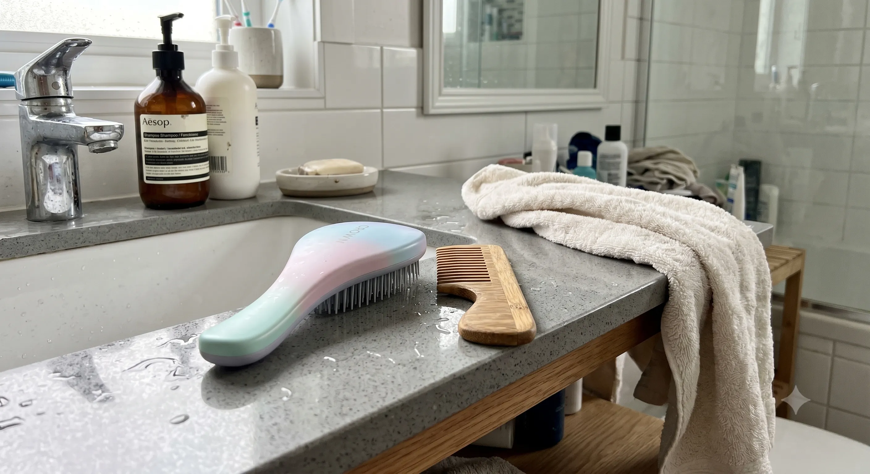 A detangling brush and wide-tooth comb resting next to a bathroom sink with water droplets visible on the counter