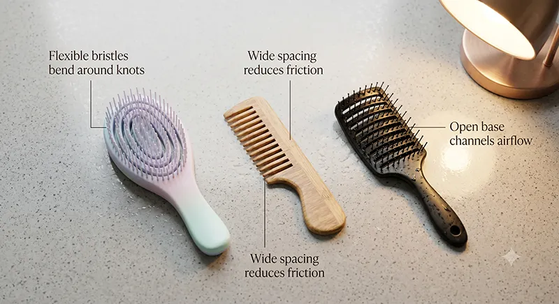 Annotated comparison of three brush types suitable for wet hair — detangling brush, wide-tooth comb, and vented brush — with labels explaining each design feature