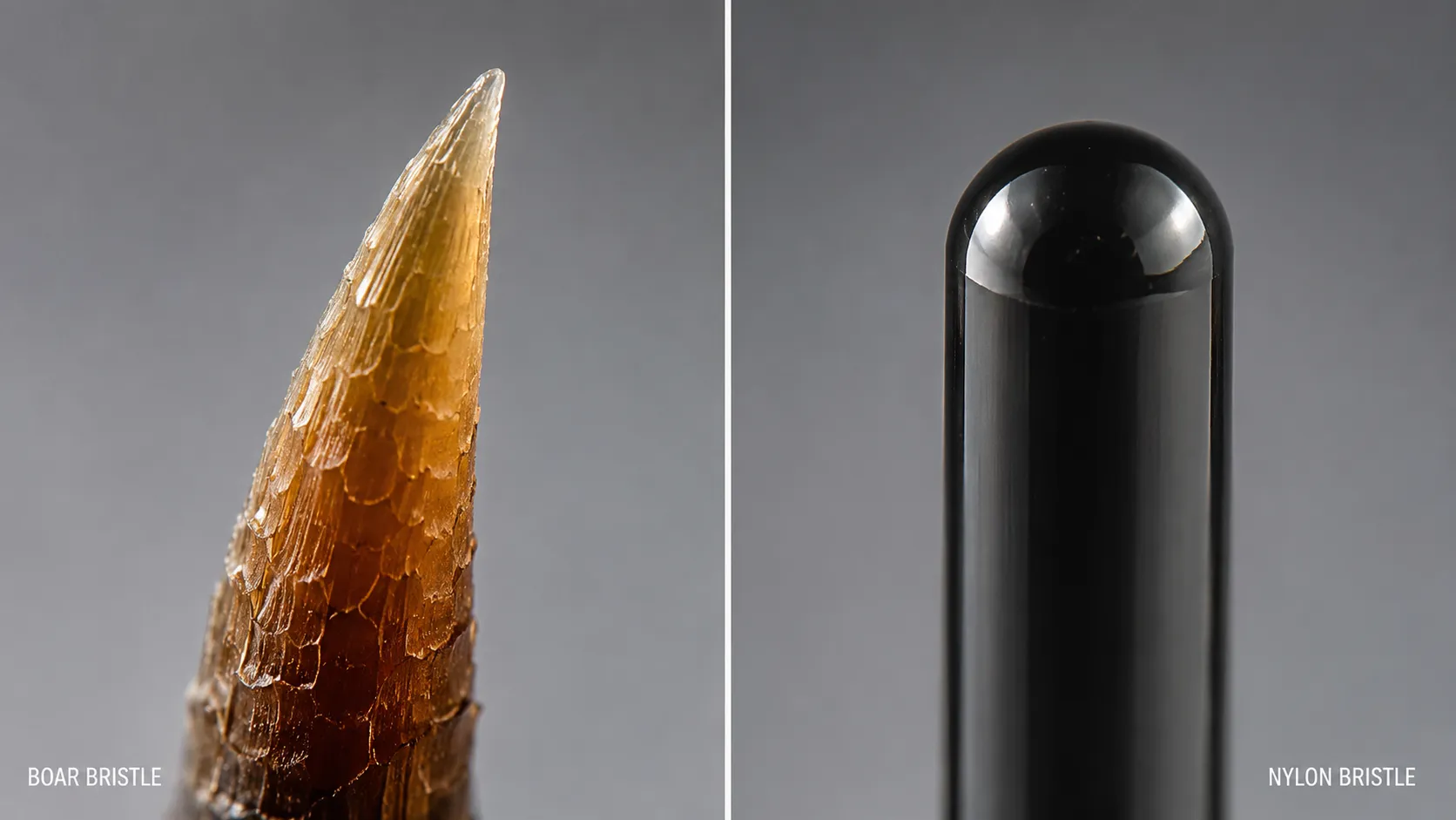 Side-by-side magnified view comparing natural boar bristle texture with smooth nylon bristle surface