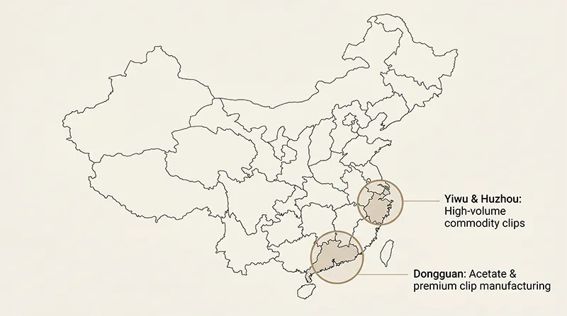Annotated map showing the two main hair clip manufacturing regions in China — Guangdong Province and Zhejiang Province — with key cities labelled