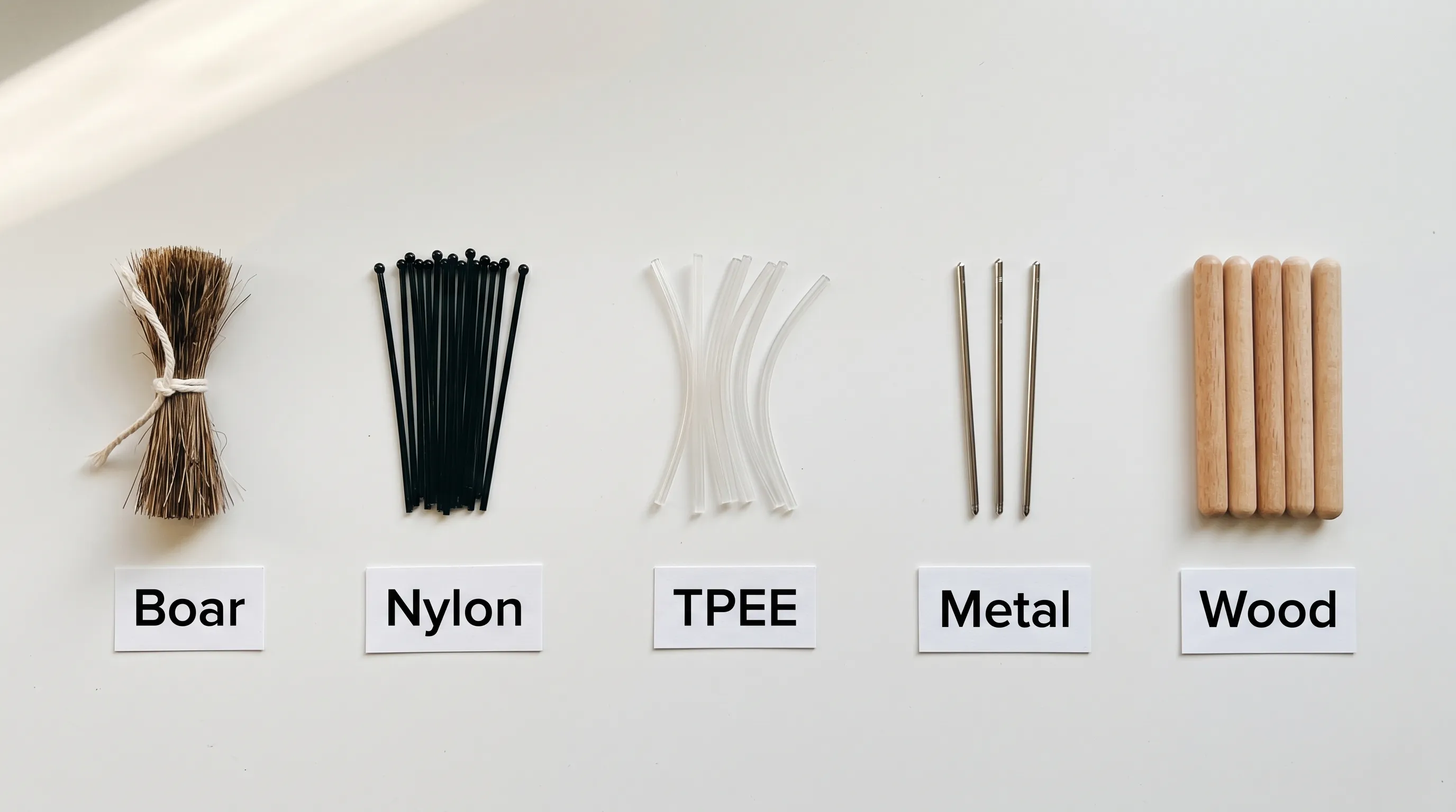 Close-up comparison of different hair brush bristle types including boar bristle, nylon, TPEE, metal pins, and wooden bristles arranged in a row