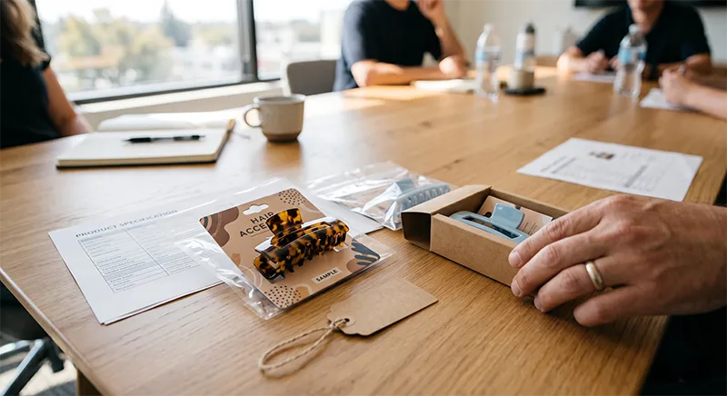 Custom branded claw clips in retail-ready packaging with backing cards and polybag labelling on a sample review table
