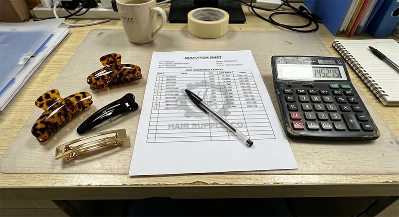 Acetate and ABS hair clip samples on a factory desk alongside a printed cost quotation sheet and calculator