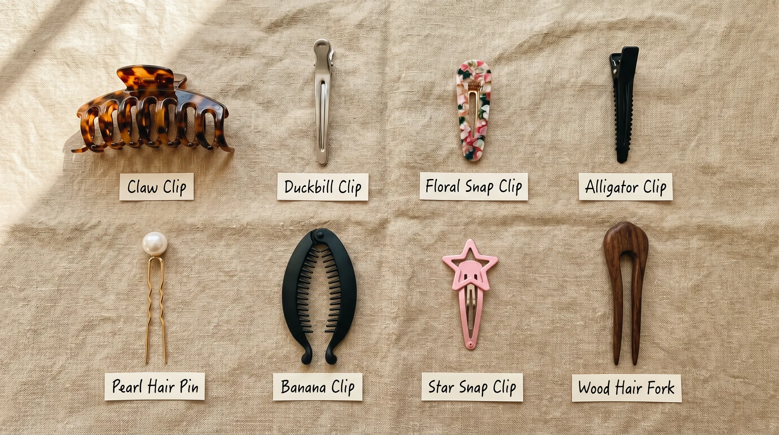Overview of custom hair clip types including claw clips, duckbill clips, snap clips and banana clips displayed on a neutral surface