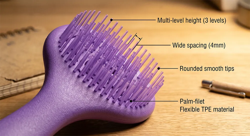 Annotated close-up of detangling brush bristles showing multi-level height arrangement, spacing, and rounded tip geometry