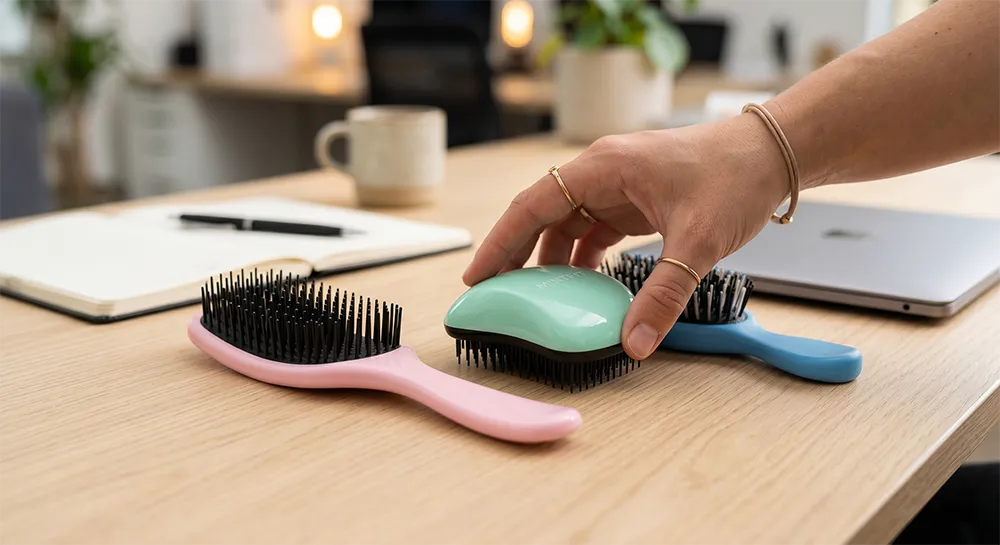 Three detangling brush handle designs side by side — traditional long handle, handleless palm-fit, and hybrid short handle